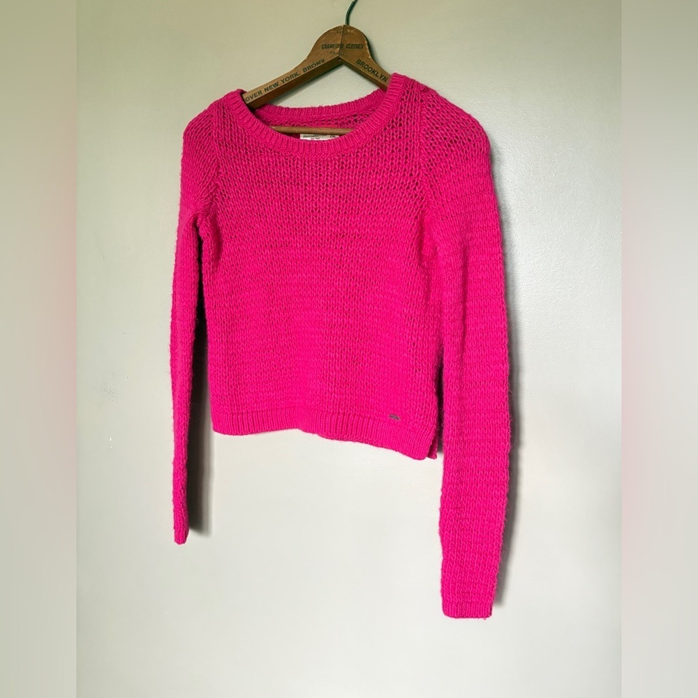 Abercrombie & Fitch hot pink sweater chunky open neck cropped Barbiecore S EUC - Picture 3 of 14